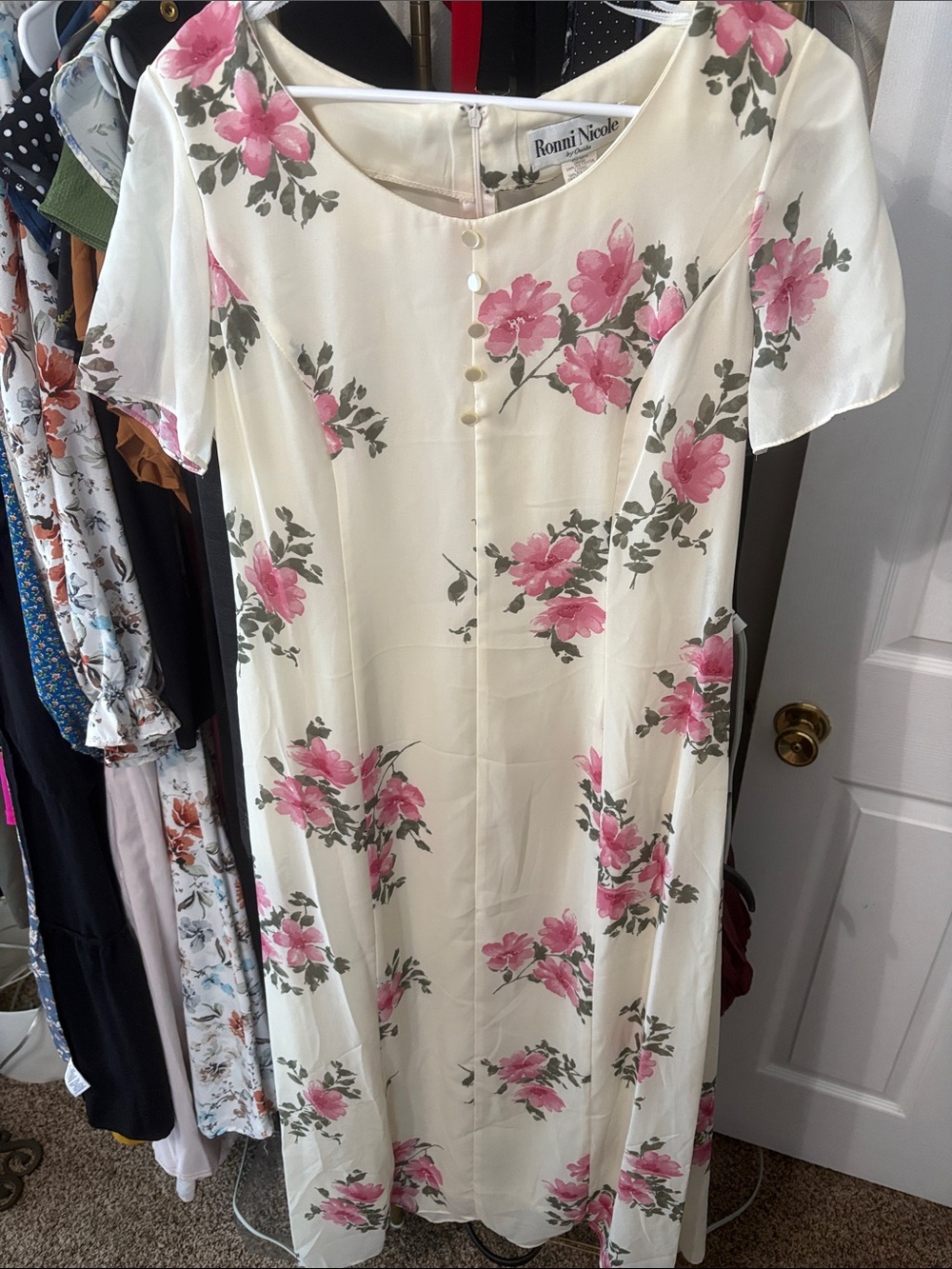 Ronni Nicole Cream Midi Dress with Pink Floral Print
